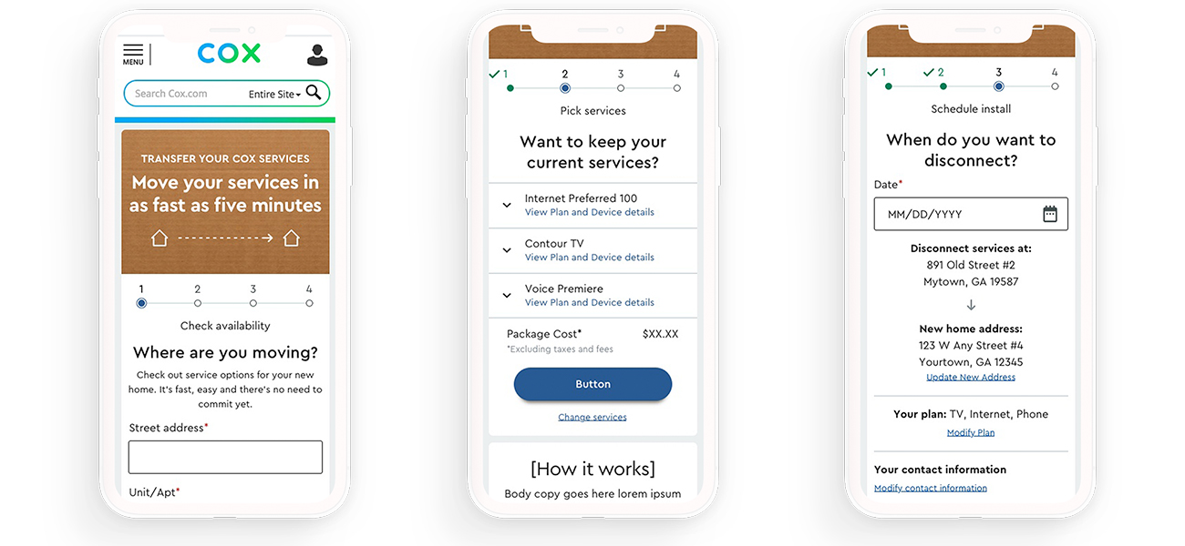 Mobile screens for the Cox.com transfer service experience