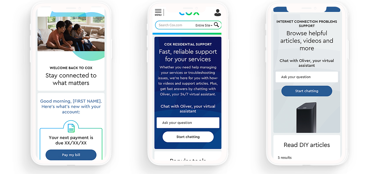 3 mobile phones displaying screens from Cox's support section